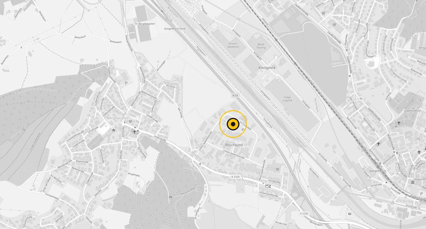 Kartenausschnitt mit dem Standort des Eventhauses in Im Fruchtfeld 15, Berghaupten